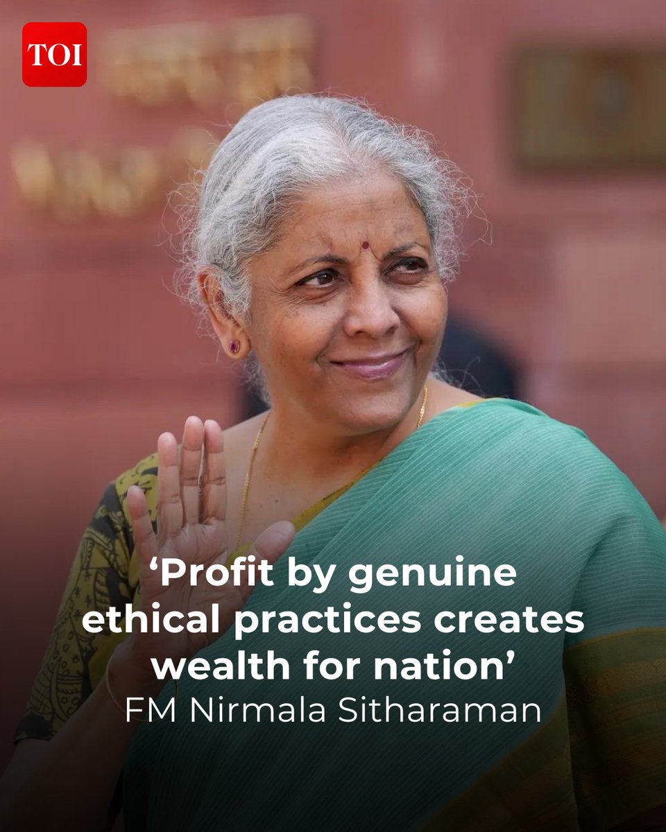 timesofindia's tweet photo. Finance Minister #NirmalaSitharaman emphasized the government's recognition of entrepreneurs as wealth creators, whose ethical profits contribute to national development.

Know more 🔗 https://t.co/4qwc7dmggy https://t.co/ZjxN6s5PMy