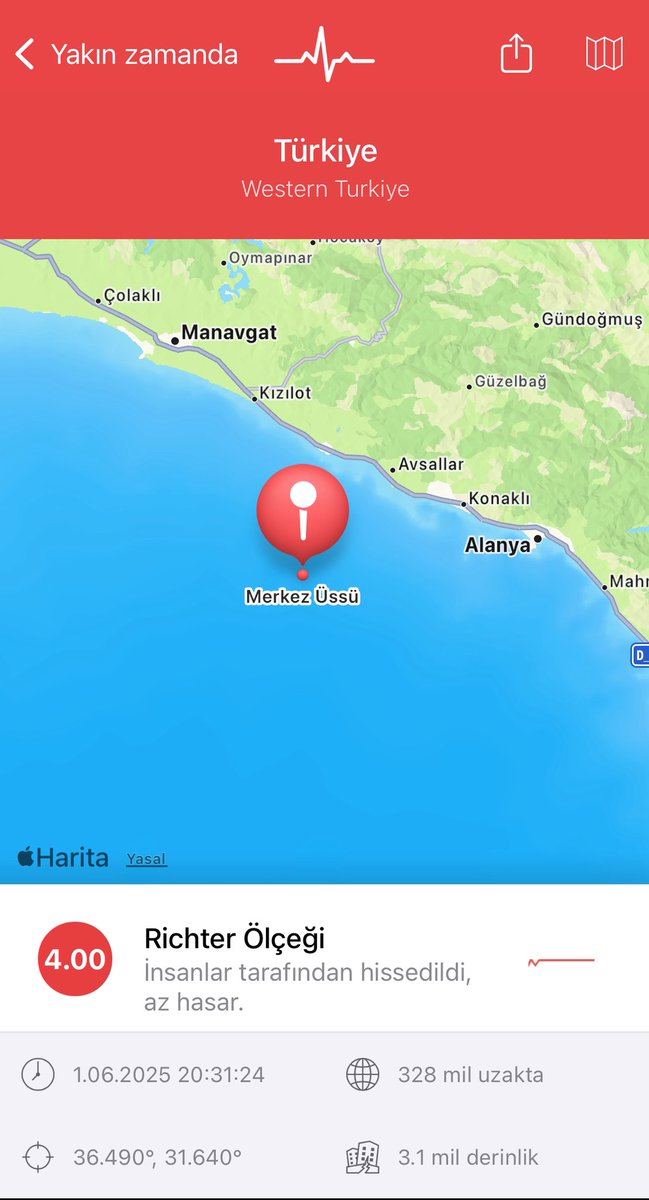 #SONDAKİKA Antalya’nın Alanya açıklarında, Akdeniz Körfezi’nde 4.0 büyüklüğünde #deprem meydana geldi.