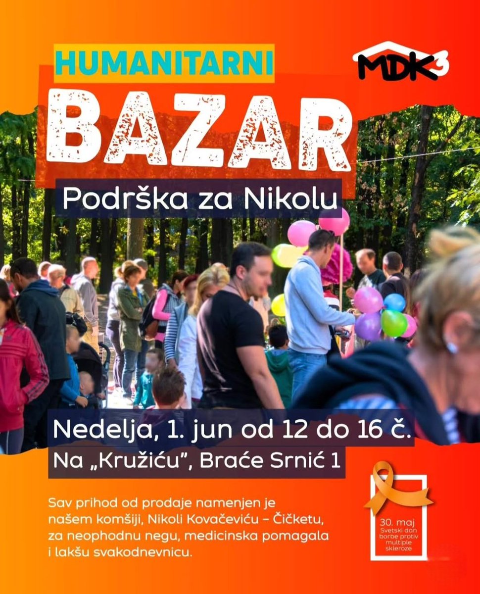 MS_Platforma's tweet image. Komšije sa Medaka su danas (od 12h do 16h) organizovale humanitarni bazar za svog komšiju, i našeg saborca Nikolu, kome su potrebna određena medicinska pomagala.

MS je nepredvidiva bolest, koja znatno može da nam oteža svakodnevicu.

Budimo solidarni! 🧡 
#multiplesclerosis