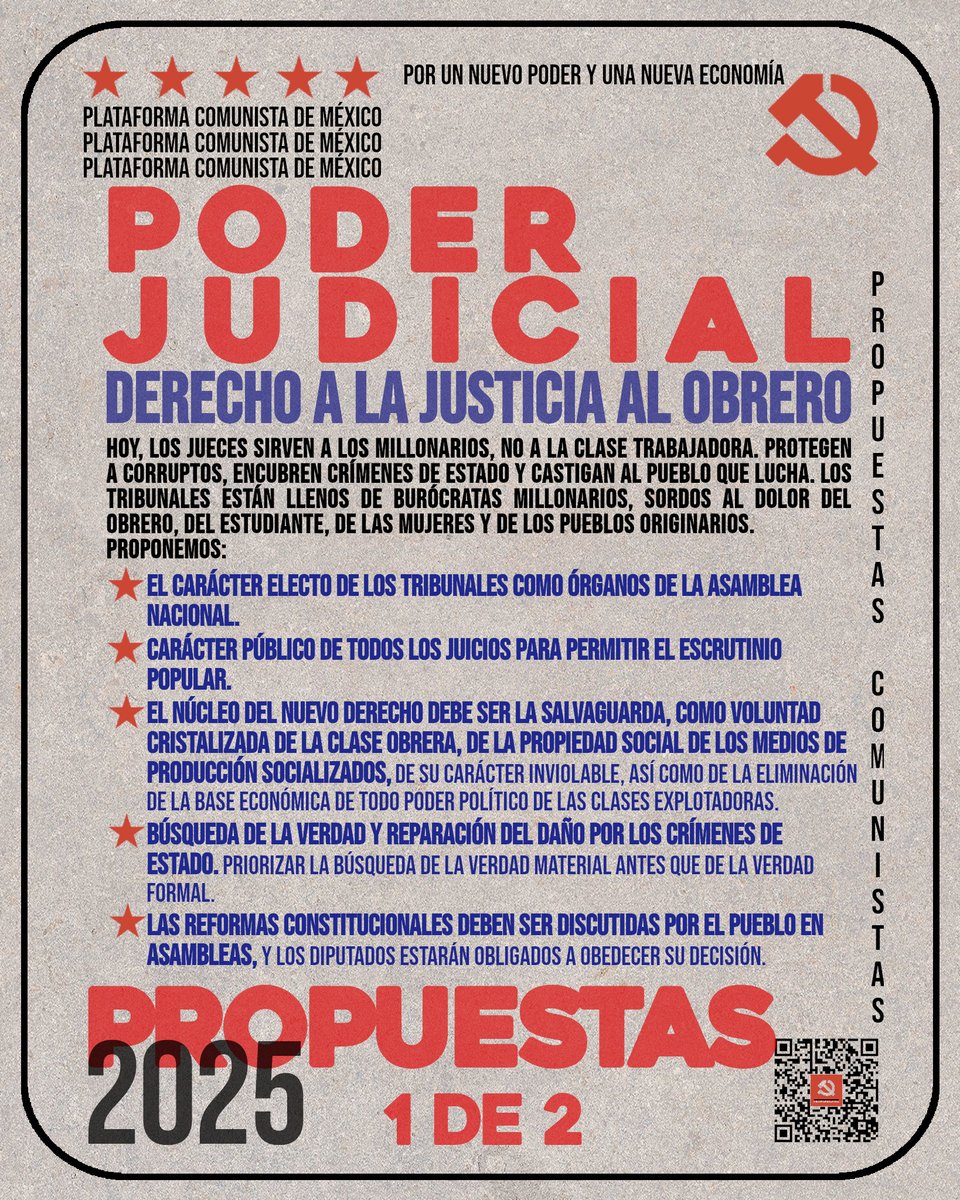 PlataformaPCM's tweet image. #PropuestasPCM  ¿Qué proponemos para el Poder Judicial?

El ordenamiento legal de nuestro país,  como expresión de la voluntad cristalizada de la clase poseedora, está  enfocado absolutamente a preservar y regular la propiedad privada, así  como su adquisición, compra, venta,…