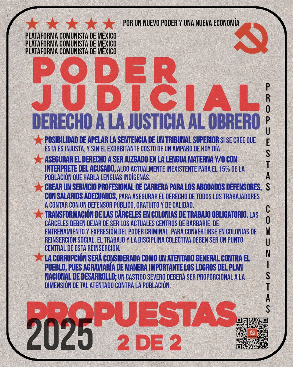 PlataformaPCM's tweet image. #PropuestasPCM  ¿Qué proponemos para el Poder Judicial?

El ordenamiento legal de nuestro país,  como expresión de la voluntad cristalizada de la clase poseedora, está  enfocado absolutamente a preservar y regular la propiedad privada, así  como su adquisición, compra, venta,…