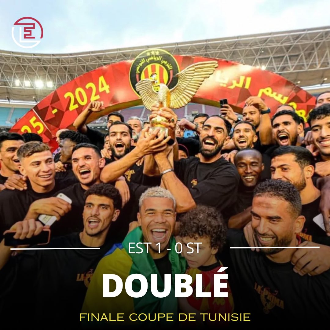 🏆💛❤️

Le Doublé pour l'Espérance Sportive de Tunis ! 

Les Sang et Or ont remporté leur 16e Coupe de Tunisie, après leur victoire contre le Stade Tunisien sur le score de (1-0) 

Les protégés de Maher Kanzari concluent une saison pleine en s'adjugeant le 6e doublé de leur