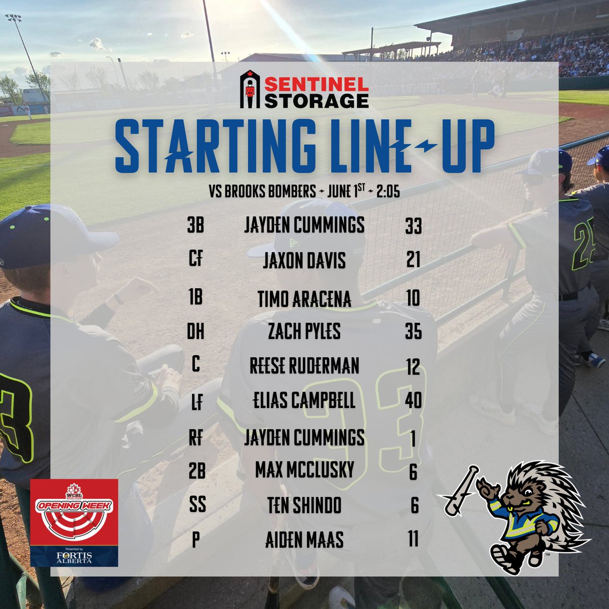 Energy City Cactus Rats (@eccactusrats) on Twitter photo Here's how we lineup against the <a href="/Bombers_Brooks/">Brooks Bombers ⚾️</a>! Congrats to <a href="/AidenMaas05/">Aiden Maas</a> on making his first start of the season!
First Pitch at 2:05, powered by Sentinel Storage
Stream live on <a href="/FloCollege/">FloCollege</a>
Opening Weekend is presented by <a href="/FortisAlberta/">FortisAlberta</a> Here's how we lineup against the <a href="/Bombers_Brooks/">Brooks Bombers ⚾️</a>! Congrats to <a href="/AidenMaas05/">Aiden Maas</a> on making his first start of the season!
First Pitch at 2:05, powered by Sentinel Storage
Stream live on <a href="/FloCollege/">FloCollege</a>
Opening Weekend is presented by <a href="/FortisAlberta/">FortisAlberta</a>