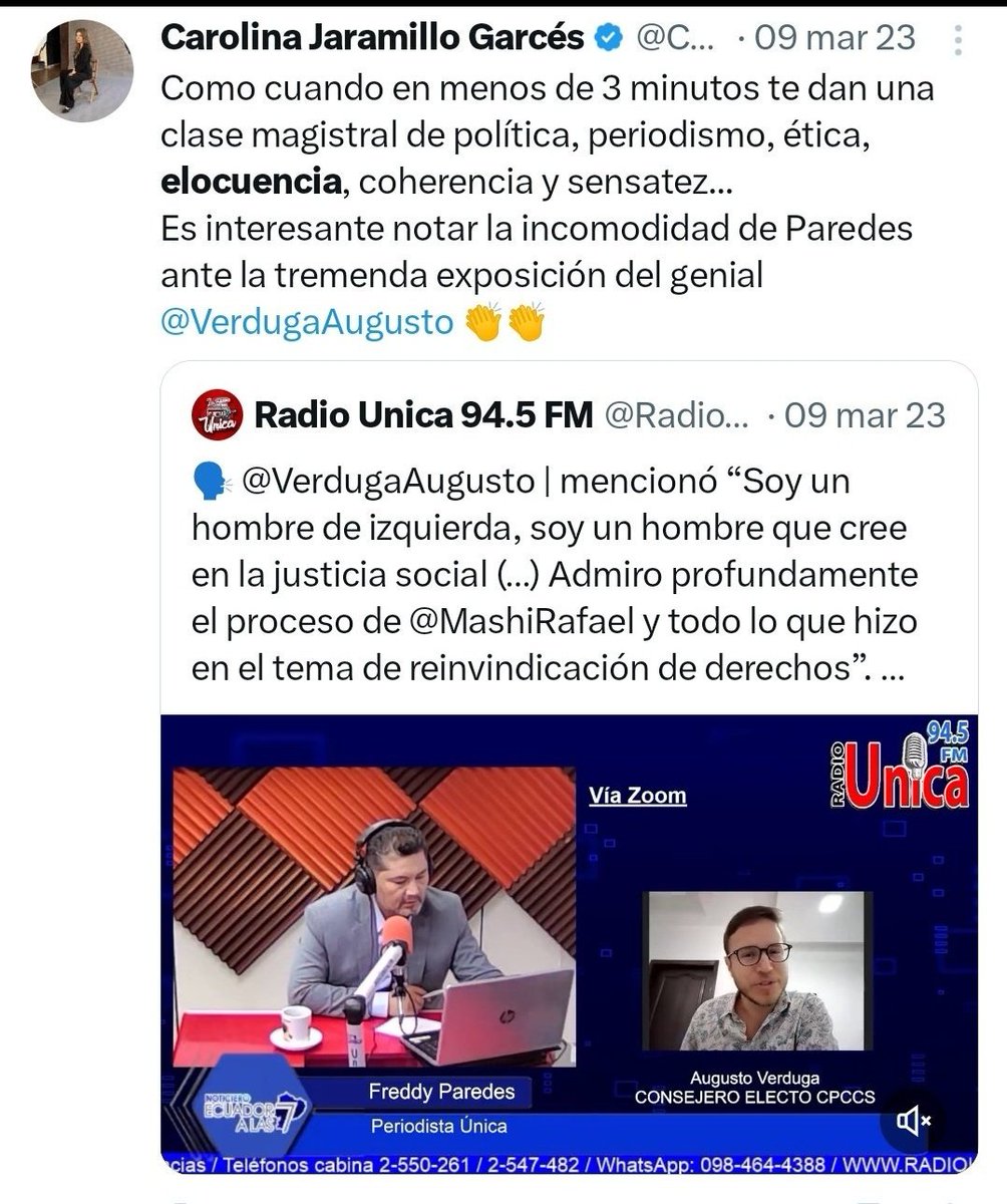 Si la excusa de Noboa es q Jaramillo ya no es correista, q hace Jaramillo defendiendo a Verduga q según ella, dio clase magistral de política, ética, coherencia, sensatez👇? Mismo Verduga q intimidó jueces con demandas sin fundamento, eligió ilegalmente a Godoy y González Carrión