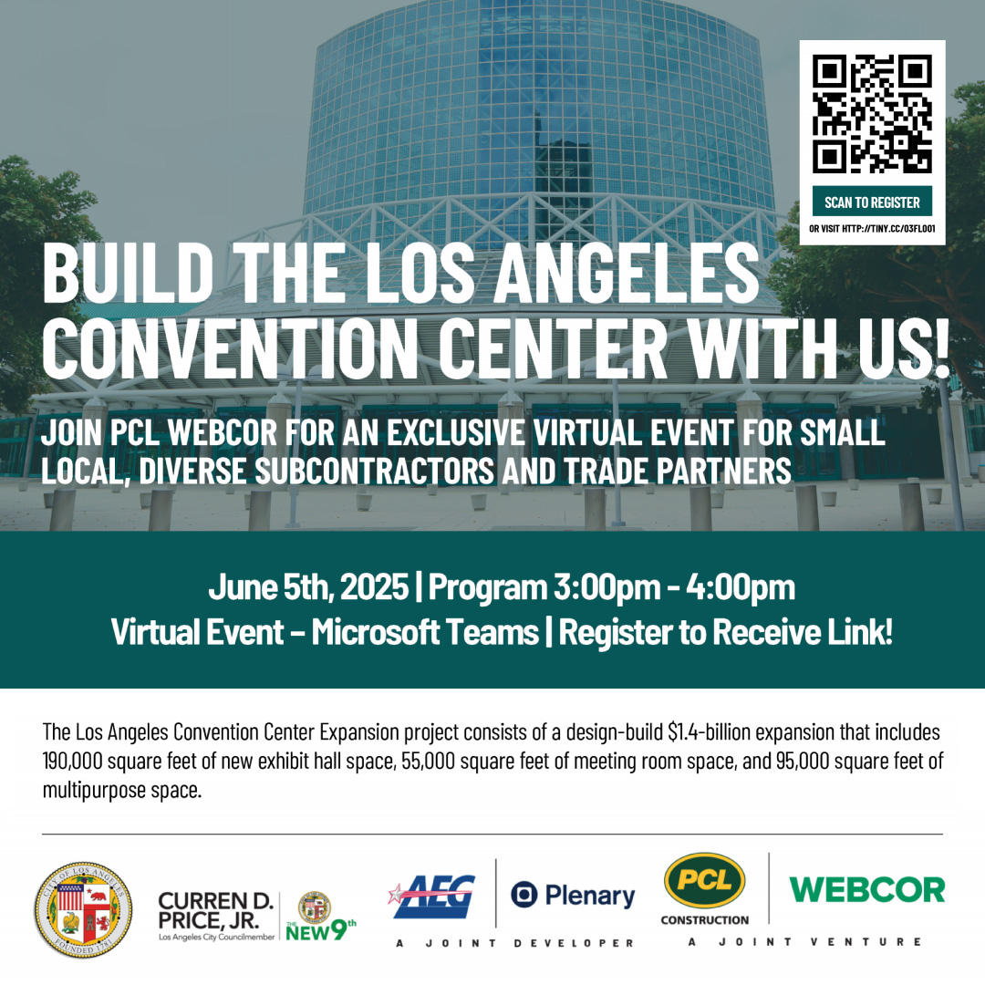 Los Angeles Convention Center Expansion project event for a design-build $1.4B expansion that includes 190,000 s/f of new exhibit hall space, 55,000 s/f of meeting room space, and 95,000 s/f of multipurpose space:

06.05.25
3-4 pm
Via Teams
register: tiny.cc/03fl001