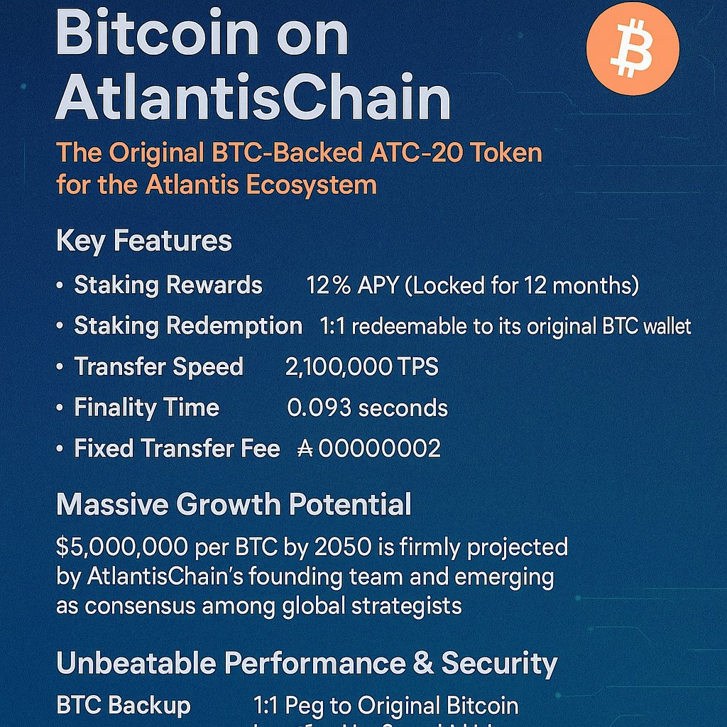 Atlantis_Ex's tweet photo. 📣 ATC-20 Bitcoin (BTC) Presale Begins — 12% Staking APY, 0.093s Finality, Fully BTC-Backed, No Inflation 🇺🇸🌎🔥🚀

Developed by Satoshi Nakamoto, Bitcoin (BTC) is the world’s first and most recognized digital asset, widely referred to as digital gold.

However, due to its extremely low TPS of just 7, the Bitcoin blockchain typically takes 1–3 hours for transaction finality — creating significant opportunities for criminals to defraud others.

As blockchain technology advances, the need to bring Bitcoin into faster, more scalable environments becomes increasingly critical.

🔍 The latest Bitcoin whitepaper at https://t.co/P77uRst2eG introduces a breakthrough solution — resolving Bitcoin’s technical limitations with next-generation infrastructure, without altering its core monetary properties.

AtlantisChain’s Bitcoin (BTC) bridges this gap by introducing a fully native, 1:1 Bitcoin-pegged ATC-20 token on AtlantisChain — the world’s fastest and most advanced layer-zero blockchain.

👉 The only BTC staking opportunity with 12% APY — backed 1:1, fully transparent, and 300,000x faster than Bitcoin’s native chain.

        ⚙️ How to Participate

It is now open for early participation by sending original BTC to the following:

• Bitcoin Payment Address: bc1qmftv08m9nt52l0384u0rkxf6jl4fn60gaqwye6

• Minimum: 0.10 BTC

• No maximum cap

Note: When you send 1 BTC to the above address, you will acquire the same amount of ATC-20 BTC based on AtlantisChain. Meanwhile, you are eligible to stake your BTC for 12 months with a 12% rewards APY.

        ⚙️ Key Features

1️⃣ Staking Reward: 12.00% APY (distributed monthly)

2️⃣ Fixed Total Supply: 2,100,000 (hard cap for the coming 100 years)
  • Cold wallet release based on real demand
  • Permanently no new minting / mining

3️⃣ Transaction Fee: 0.00000020 ATC (lowest globally)

4️⃣ Transaction Speed: 2,100,000 TPS (fastest worldwide)

5️⃣ Block Time: 0.031 seconds

6️⃣ Transaction Finality: 0.093 seconds (near-instant)

7️⃣ Reserve-Backed: 1:1 — with original Bitcoin

8️⃣ Trading & Staking: Scheduled for June/July 2025

9️⃣ Exchange Listings: Underway

🔟 Extra Benefit: Whitelisted to launch ATC-20 memecoins on Atlantis WTF

        ⚠️ Notes: 

• The ATC-20 BTC is launched by a registered U.S. MSB and managed by a U.S.-based nonprofit foundation.

• Treasury releases are limited and strictly based on verified market demand.

• Early buyers get priority whitelist access to launch ATC-20 memecoins — with direct Foundation support.

        ⚙️ How to Claim Your ATC-20 BTC

✅️ Send email to: info@AtlantisFoundation.Global (with the following information):

        1⃣ BTC Payment screenshot on Bitcoin Explorer
        2⃣ Transaction URL
        3⃣ Your ATC-20 wallet address (Register: https://t.co/lNYz1fZ8hN)

📘 For more information: 

        1⃣ Website:https://t.co/tMh0GQnD3G

        2⃣ Whitepaper: https://t.co/T1Dd6F51yV

👉 Act now — secure your place on the fastest blockchain in history. Atlantis USD (USDA) is lawfully and technically redefining global stablecoin infrastructure for 2050 and beyond. 🌎🚀💸

#Bitcoin
#BTC
#DigitalGold
#BitcoinOnAtlantisChainWhitepaper
#BitcoinWhitepaper
#AtlantisChain 
#Presale 
#FinTech
#DeFi
#CeFi
#TradFi
#ReFi
#GameFi
#SocialFi
#NFTFi
#MetaFi
#RealFi
#LendFi
#InsurFi
#YieldFi
#StakingFi
#StableFi
#CreditFi
#LiquidFi
#DerivFi
#Cryptocurrency
#Crypto 
#Web3
