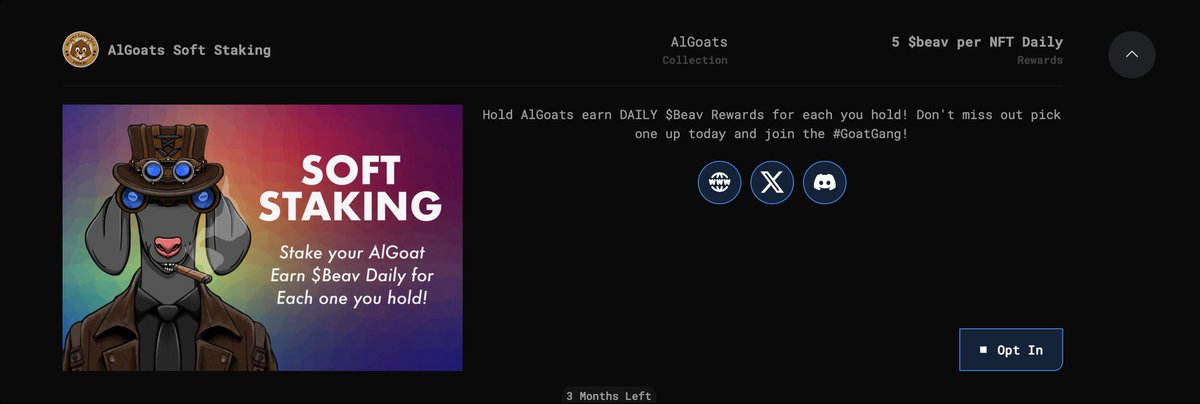 AlGoats.algo (@algoatspfp) on Twitter photo We’ve just started a new Soft Staking Pool
At ViewReward.app
Be sure to opt in to the $Beav and $Algo pool. Each one pays rewards daily!
<a href="/ViewRewardApp/">ViewReward</a>
#AlGoats #AlgoRewards #SoftStaking We’ve just started a new Soft Staking Pool
At ViewReward.app
Be sure to opt in to the $Beav and $Algo pool. Each one pays rewards daily!
<a href="/ViewRewardApp/">ViewReward</a>
#AlGoats #AlgoRewards #SoftStaking