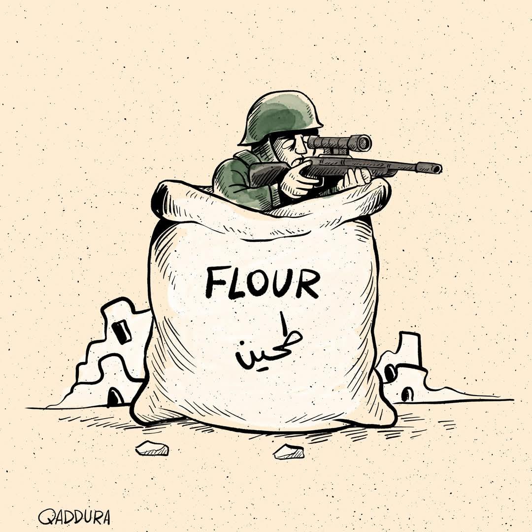 🇵🇸💔 Un dessin illustre le piège mortel américano-israélien qui a conduit au massacre de Palestiniens affamés se rendant à Rafah pour chercher de l'aide ce matin.
<a href="/qadduracartoon/">Cartoonist Ahmad Qaddura</a>