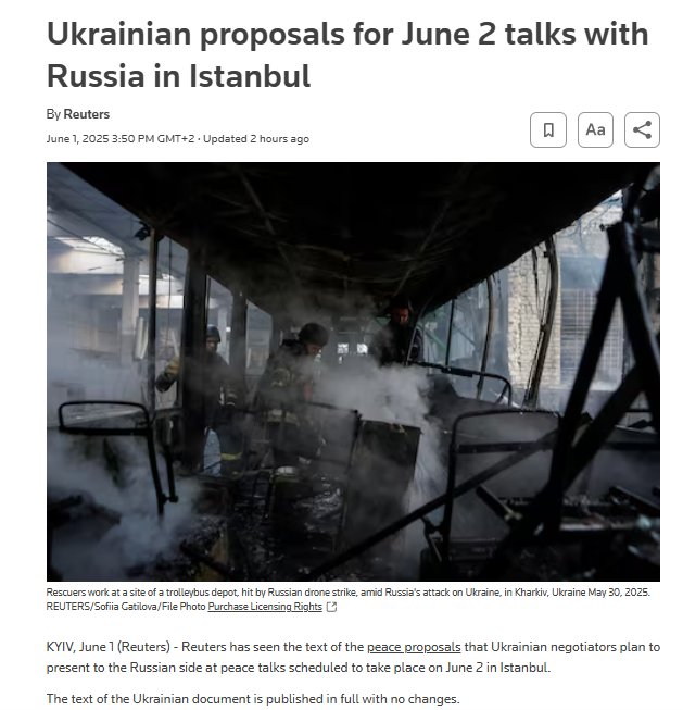 Reuters hat den vollständigen Wortlaut der ukrainischen Vorschläge aus den Istanbuler Gesprächen veröffentlicht.

Die wichtigsten Punkte sind:

▪️ Vollständiger und bedingungsloser Waffenstillstand zu Land, zu Wasser und in der Luft (zunächst 30 Tage, verlängerbar)

▪️ Rückkehr