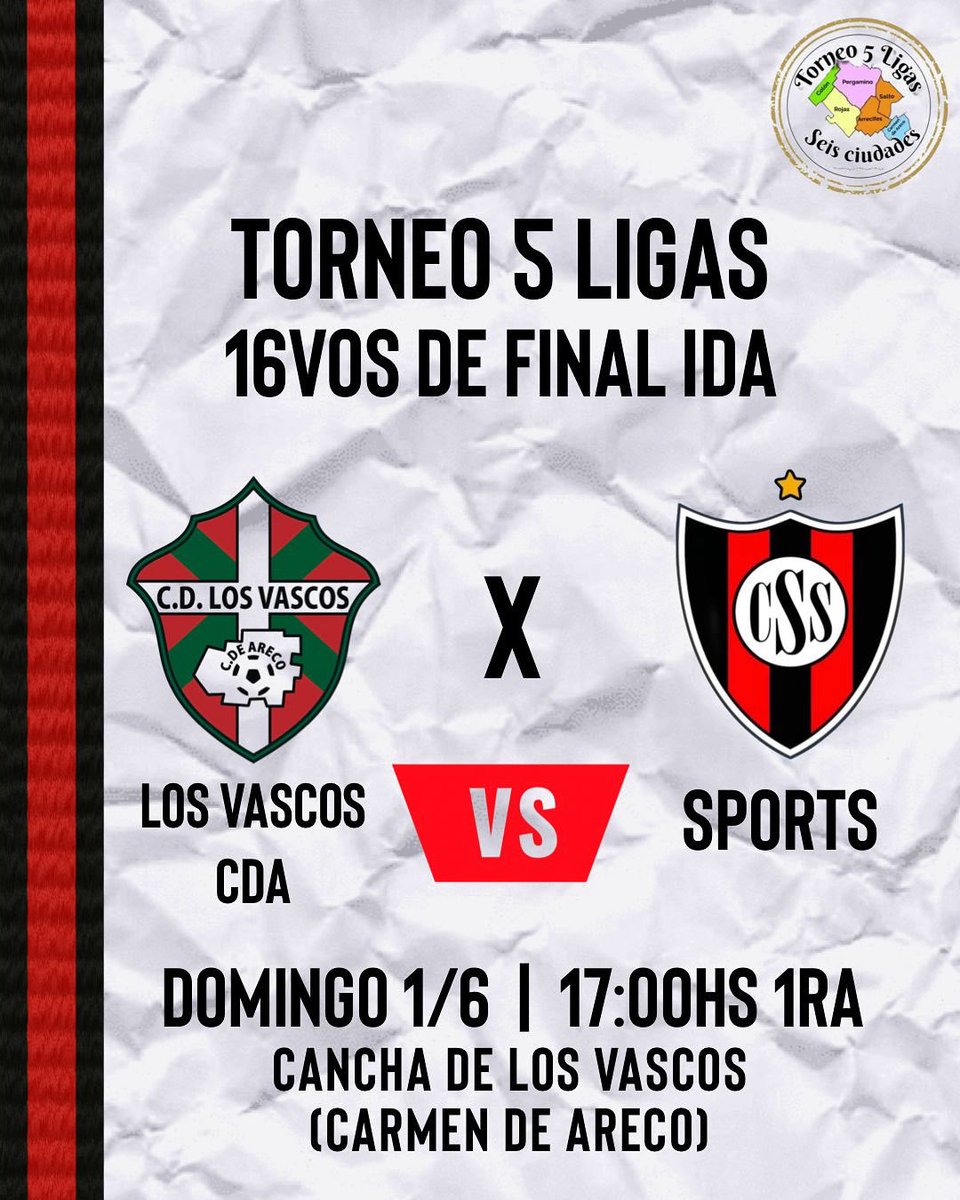 SportsSalto1's tweet photo. HOY JUEGA EL CAMPEÓN DE SALTO
🏆 Torneo 5 Ligas
🆚 Los Vascos de CDA
📆 Domingo 1/6
📍 16vos de final
🕓 17 hs
🏟️ Los Vascos
#VAMOSCOMA🖤❤️🖤 https://t.co/TWFEhmGiSF