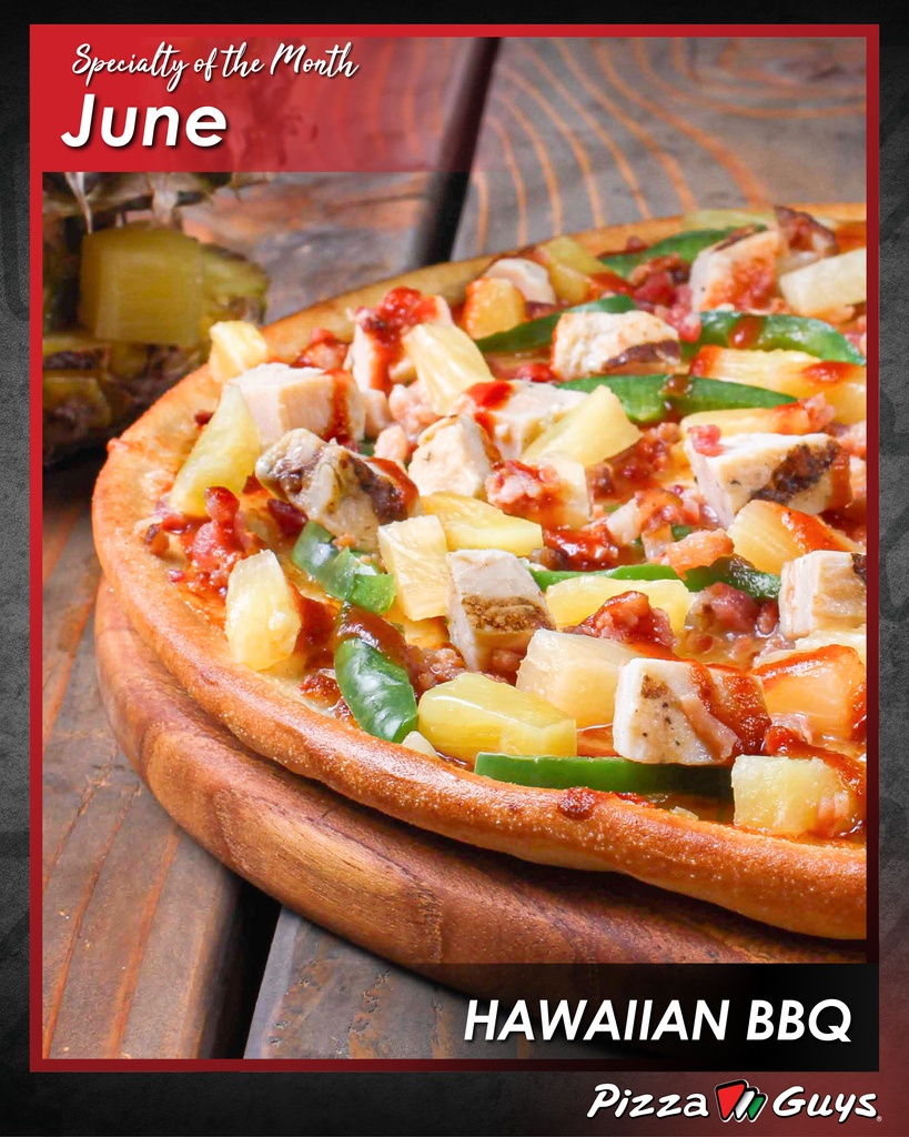 Hawaiian BBQ is the move this month 🍍🥓
Pizza Guys’ June Specialty Pizza is serving sweet, smoky, and savory all on one pizza. Tuscany thin crust, grilled chicken, applewood-smoked bacon, pineapple, green bell peppers, and BBQ drizzle. #PizzaGuys