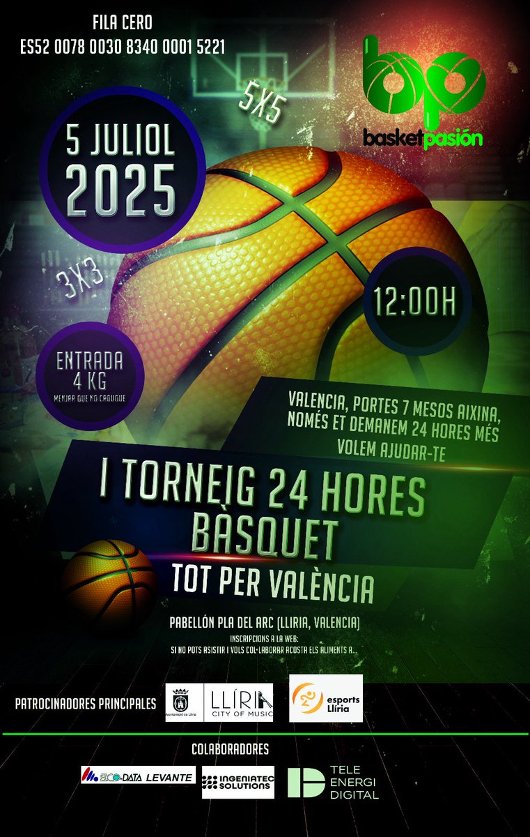 𝙑𝙖𝙡𝙚𝙣𝙘𝙞𝙖, 𝙨𝙚𝙜𝙪𝙞𝙢𝙤𝙨 𝙖𝙮𝙪𝙙𝙖́𝙣𝙙𝙤𝙩𝙚 ❤️

🏀#24HorasPorValencia: I torneo de baloncesto solidario

⛹️‍♀️3x3, 5x5, concursos....

📅5 y 6 de julio

📍Pabellón Pla Del Arc (Lliria, Valencia)

#CanchaSolidaria
#ValenciaResiste
#24horasPorValencia
#BaloncestoSolidario