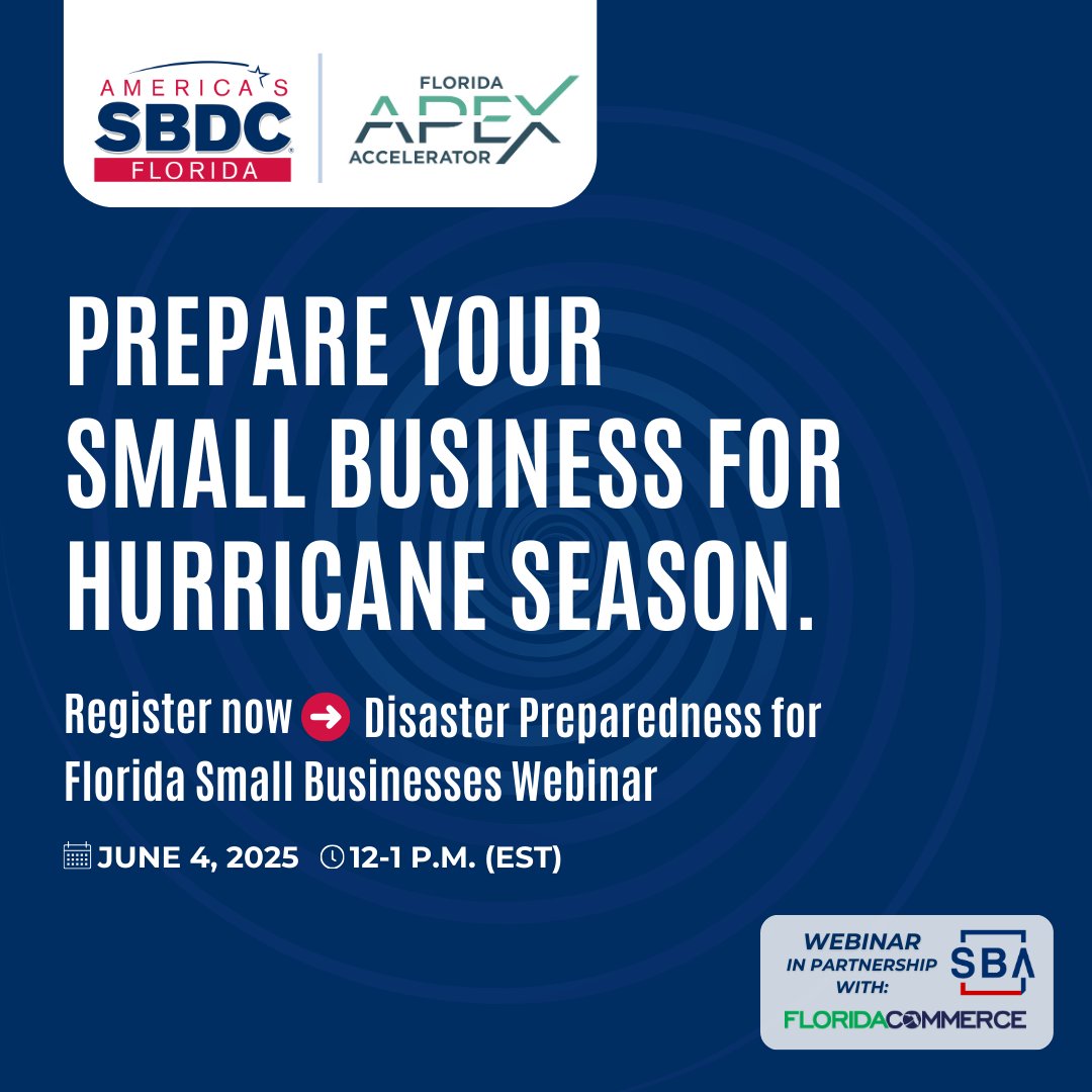 Hurricane season is HERE. Is your small biz ready? Join the FL SBDC, @FlaCommerce, &amp; <a href="/SBAgov/">SBA</a> for a free webinar on PRE-disaster prep to help you reopen &amp; recover faster. Register now: events.blackthorn.io/en/6g3Q8Wa7/di…