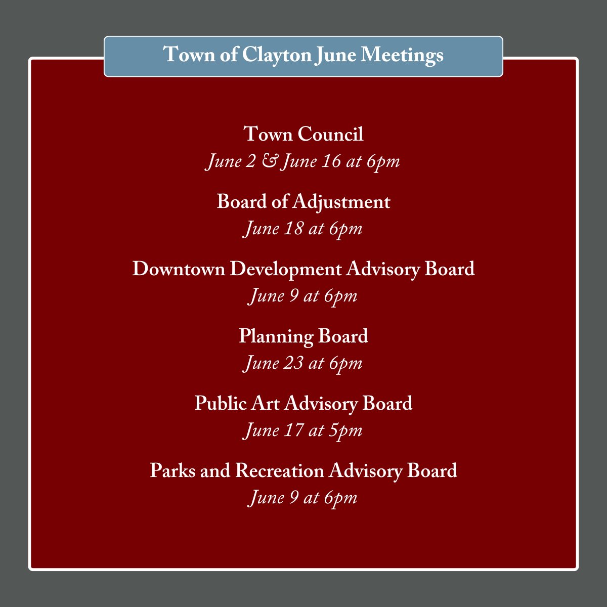 Stay connected with your local government! The June calendar is packed with opportunities to listen, learn, &amp; get involved. Town Council &amp; Advisory Board meetings are a front-row seat to government in action &amp; your presence matters.

🔗Learn more: info.ClaytonNC.org/o7JN50VLIgY
