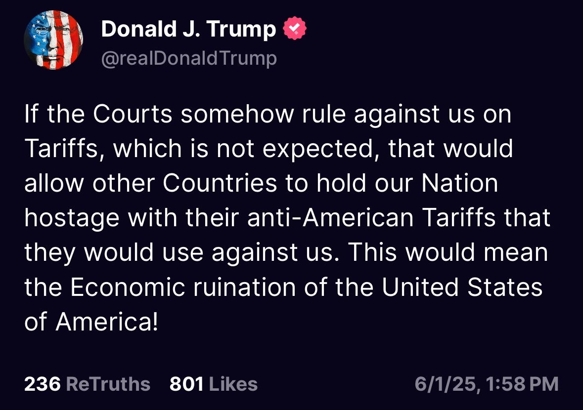 🚨 BREAKING: "Trump avverte: 'Le decisioni dei tribunali sulle tariffe potrebbero portare alla rovina economica degli Stati Uniti'"