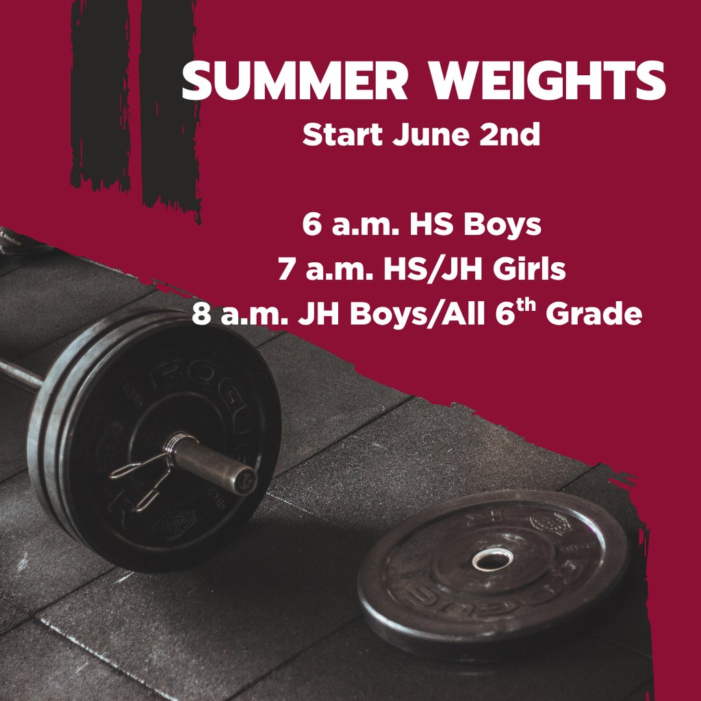 Tomorrow kicks off summer weights! This is a great way to stay active and be ready for fall sports. Weights will take place Mon-Thurs each week.