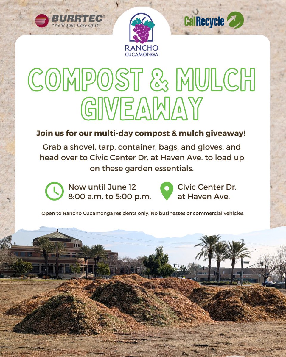 Don't miss our multi-day compost and mulch giveaway—open until June 12!

Swing by Civic Center Dr. at Haven Ave. to stock up on these garden essentials! The giveaway will be open daily to RC residents from 8:00 a.m. - 5:00 p.m.

For more info, please call 1-909-919-2635.