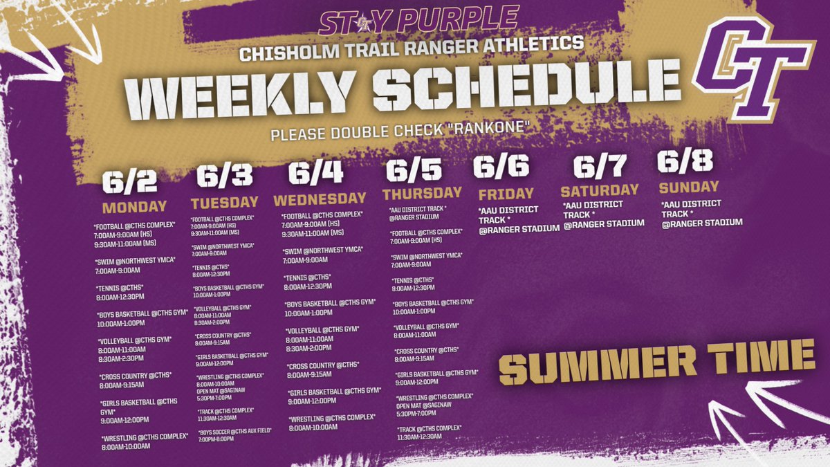 HAPPY SUNDAY RANGERS
🟣🟡🪖🐎🎖
#RangersRide #StayPurple 
#F4 #TTP #PTT #NRE #CTvsCT
🚨HERE IS THIS WEEK'S ATHLETIC CALENDAR🚨
<a href="/ChisholmTrailHS/">CTHS</a> <a href="/emsisdathletics/">EMS ISD Athletics</a>