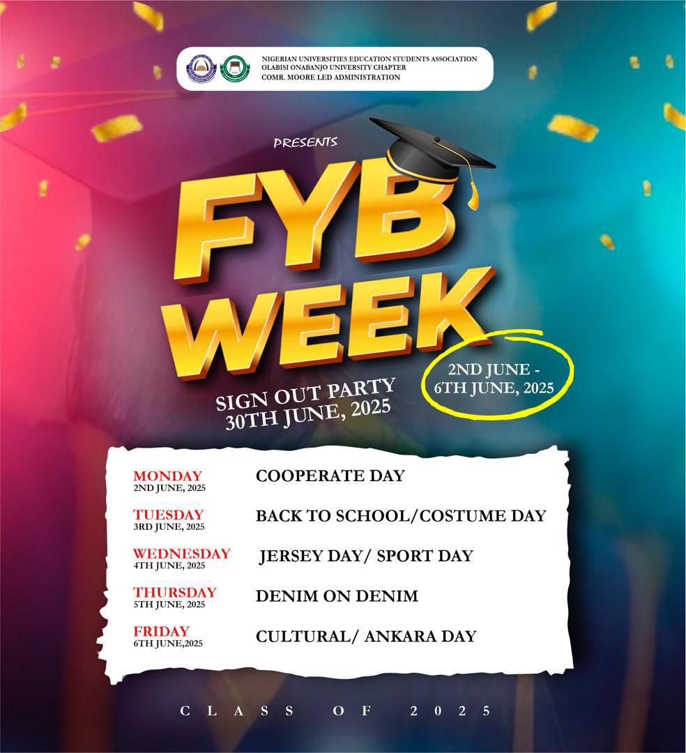 OFFICIALESANOOU's tweet photo. 🎓 FYB WEEK LOADING…
It’s Final Year Week and we’re going out with style, energy, and unforgettable memories. 💥
💃 Drip? Checked🎉 Celebration? Just getting started.
Let’s make it LOUD. Let’s make it LAST. 💫Class of 2025😌🔥
📍Faculty of Education
#FYBWeek2025 #FinalYear https://t.co/rq938Oxp1p