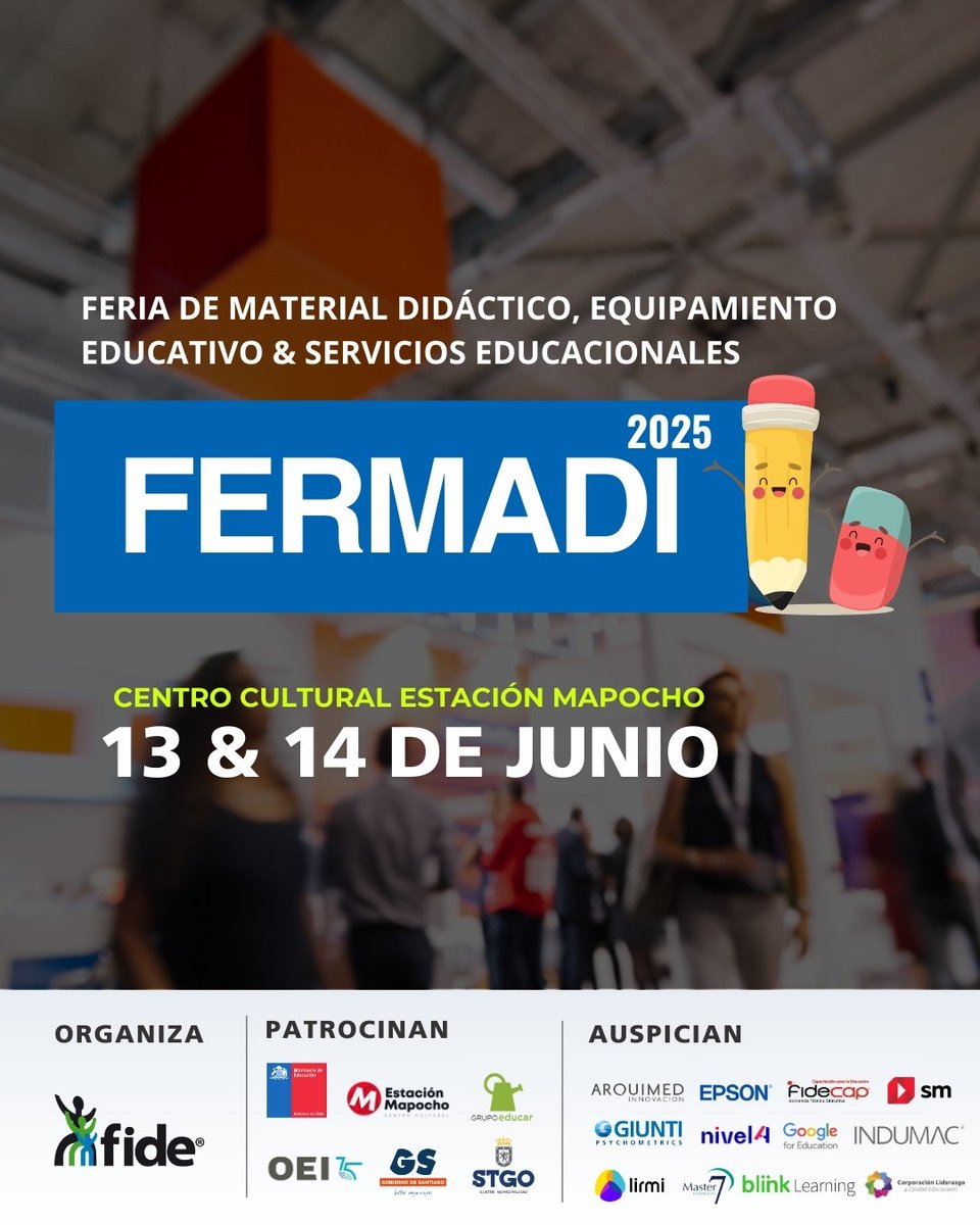 FERMADI 2025 🤩 

Bienvenido junio, bienvenida la gran Feria de Material Didáctico, Equipamiento Educativo y Servicios Educacionales - FERMADI 2025! 😎 

📍 <a href="/EstacionMapocho/">Centro Cultural</a>
🗓 Viernes 13 y sábado 14
⏰ 9:00 a 19:00 
✅ Entrada Liberada, previa inscripción bit.ly/43GgtiS