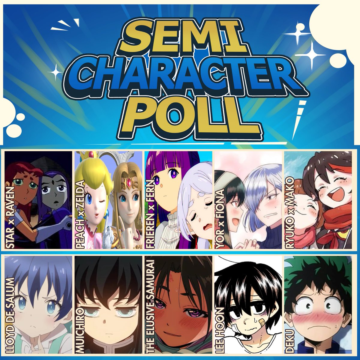 JUNE CHARACTER POLL - PRIDE EDITION! 

🏳️‍🌈The poll will be split into two categories:
👉5 lesbian couples
👉5 femboys
I’ll choose the top 2 most voted from each category to draw this month!

You can vote joining to my paysites (links in bio) and u need to be a 10 USD tier!