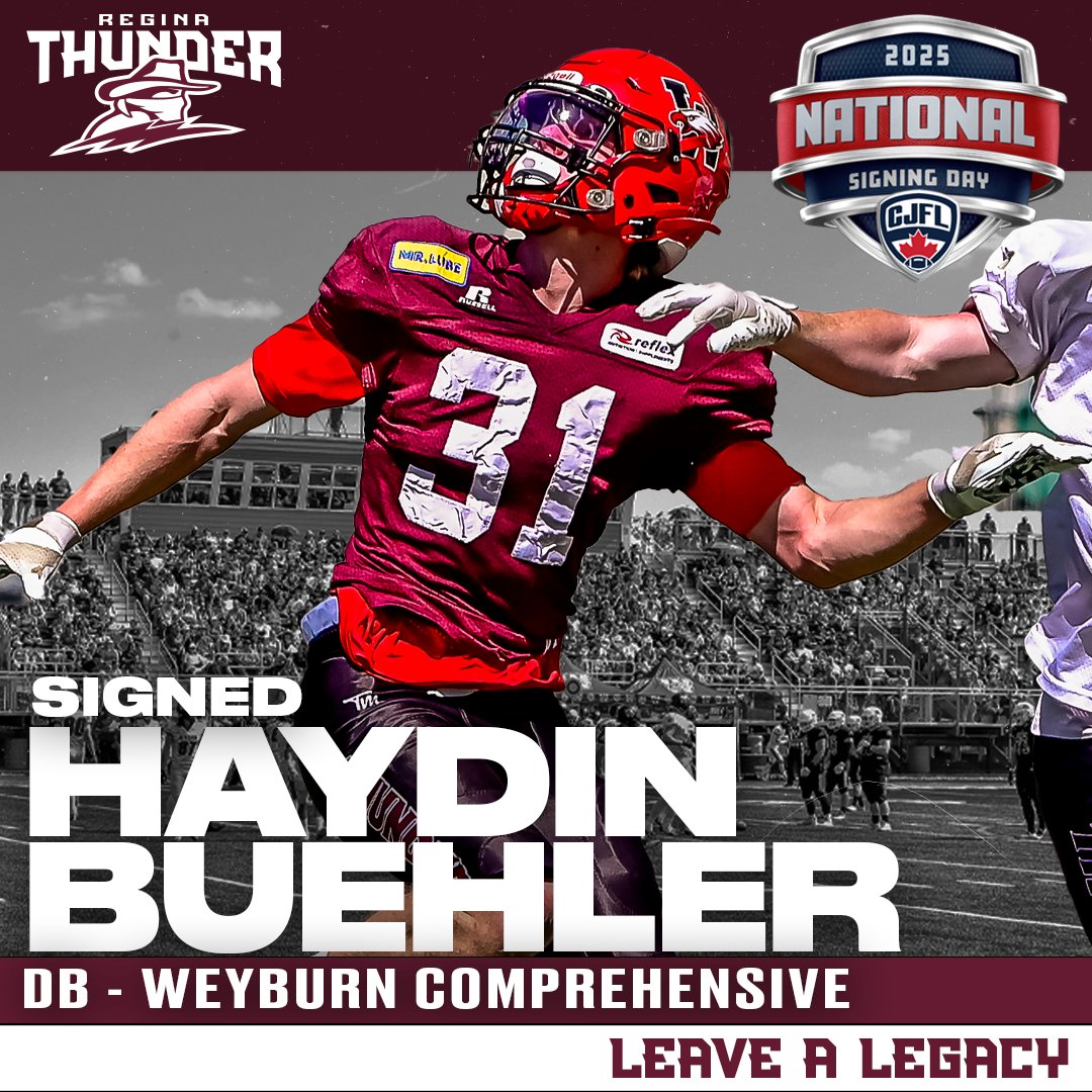 reginathunder's tweet photo. NO DAYS OFF FOR BUEHLER!!!

Weyburn's Haydin Buehler will be in the Thunder's defensive backfield for 2025!

 #LeaveALegacy #TogetherWeRoll

#CJFLSigningDay https://t.co/6qkc2Br2XH