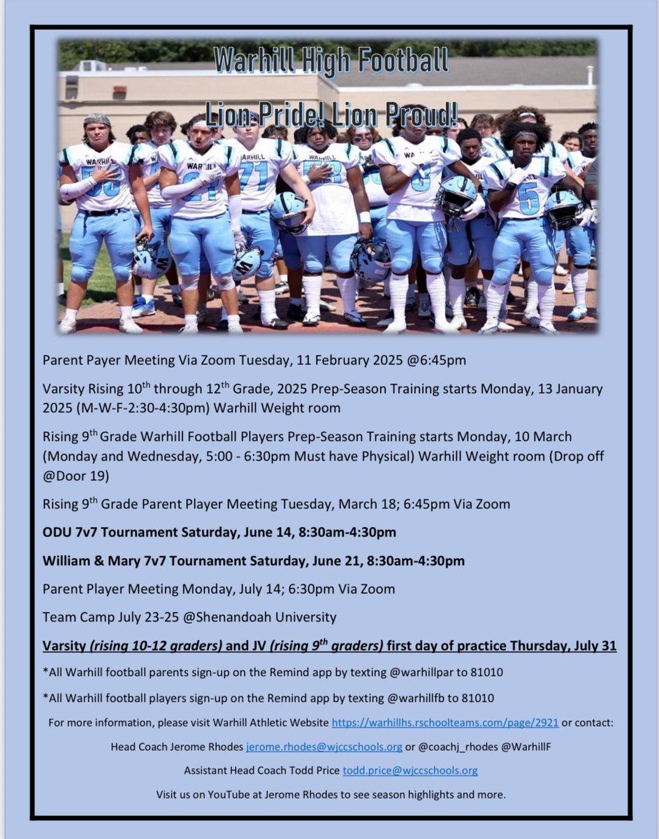 Warhill Football. Summer conditioning begins June 16. All players must have a physical dated after May 1, 2025 on a VHSL form to participate. See our calendar: tts-livesite.rschooltoday.com/sites/warhillh…
#LionPrideLionProud <a href="/coachj_rhodes/">Coach J. Rhodes</a> <a href="/WHS_LIONSAD/">WHS Athletics</a>