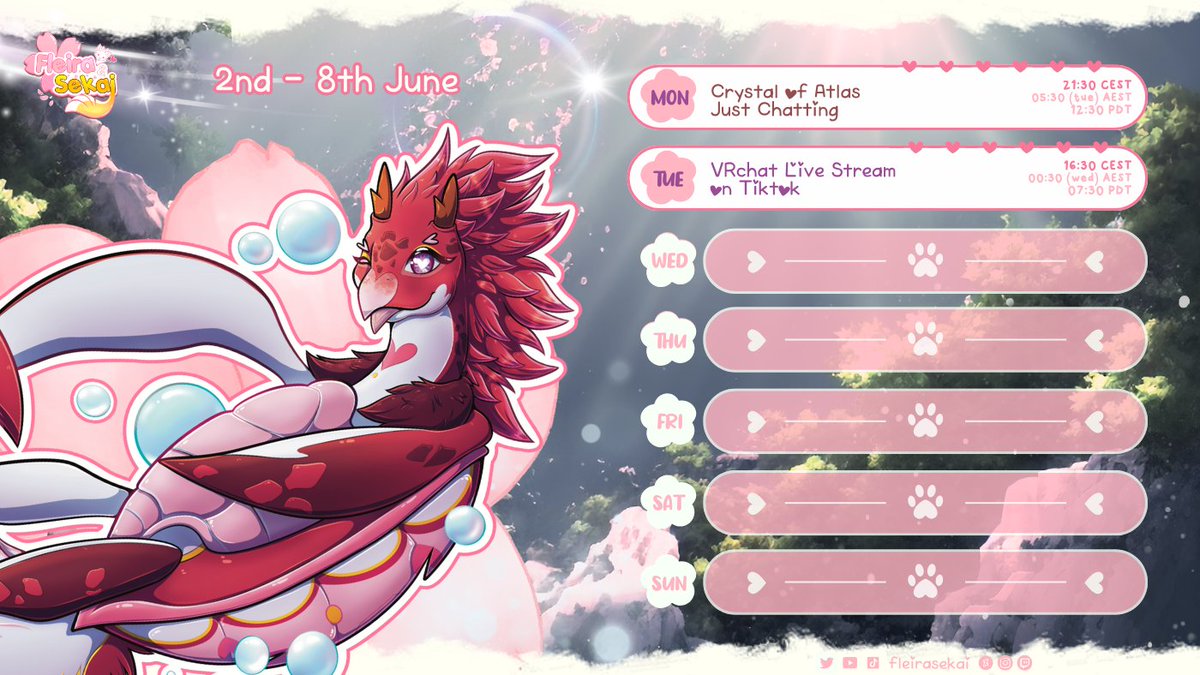𝑊𝑒𝑒𝑘 𝑠𝑐ℎ𝑒𝑑𝑢𝑙𝑒 ✦
_________________________
No more streams at the end of the week cause I'm going to attend furality somna 🦄 I am so excited

#vtuber #furry #vrchat #vulper