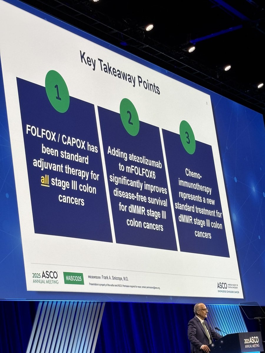HH_Oncodr's tweet image. #ASCO25 plenary presentation by Dr @FASinicropeMD 👉results of immunotherapy and chemo for MMR-deficient #coloncancer.  Six year effort by @nci cooperative groups, NCTN.  New standard of care for the 10% of stage III patients with this molecular profile. 3 yr DFS with HR 0.5👈