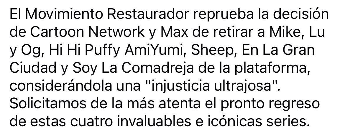 DMarinMiniRon's tweet photo. El Movimiento Restaurador reprueba las acciones de CN y @StreamMaxLA.

Informado por @TVLaint.

#CartoonNetwork #MovimientoRestauradorDeCartoonNetwork #CartoonNetworkRestaurador #MikeLuYOg #HiHiPuffyAmiYumi #SheepEnLaGranCiudad #SoyLaComadreja #Justicia #Amor #Aprecio #Respeto https://t.co/QZz5VoN8JU