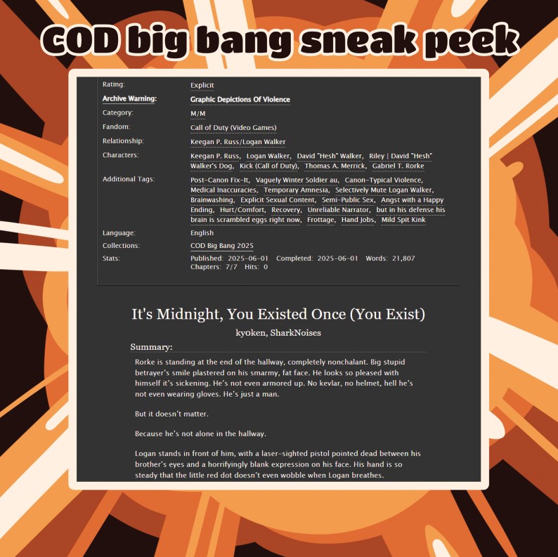 It was an absolute pleasure working with <a href="/_kyoken/">kyōken🧋</a> for the #CODBigBang, and our collab is now live! 

archiveofourown.org/works/65978182…