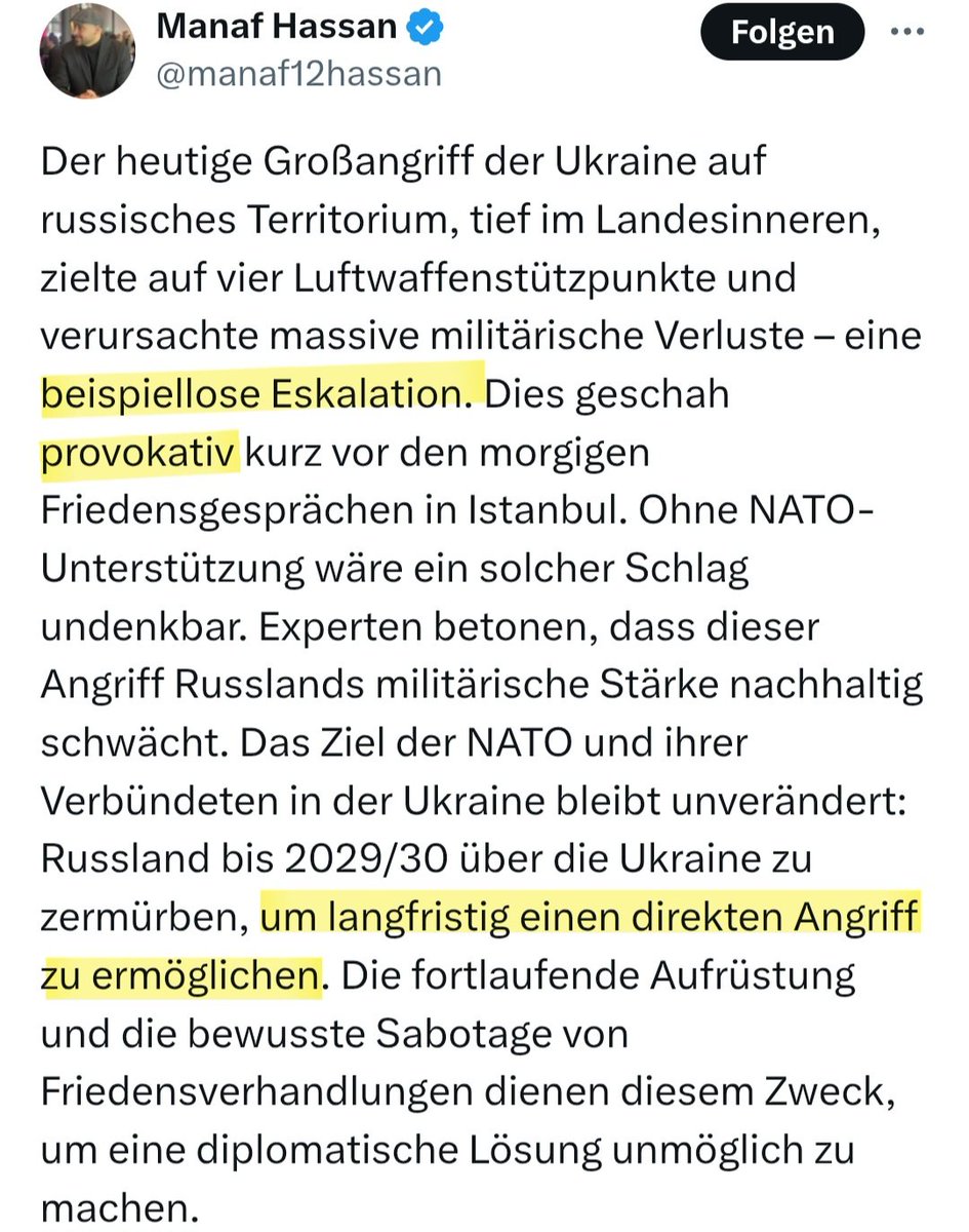 Der Berliner BSW-Politiker und RT-DE-Fan Manaf Hassan findet es gemein, wenn die Ukraine sich gegen 🇷🇺 verteidigt ("Eskalation", "provokativ"), und hat bei der Gelegenheit gleich noch eine Verschwörungstheorie parat: Die NATO plane langfristig einen "direkten Angriff" auf 🇷🇺.