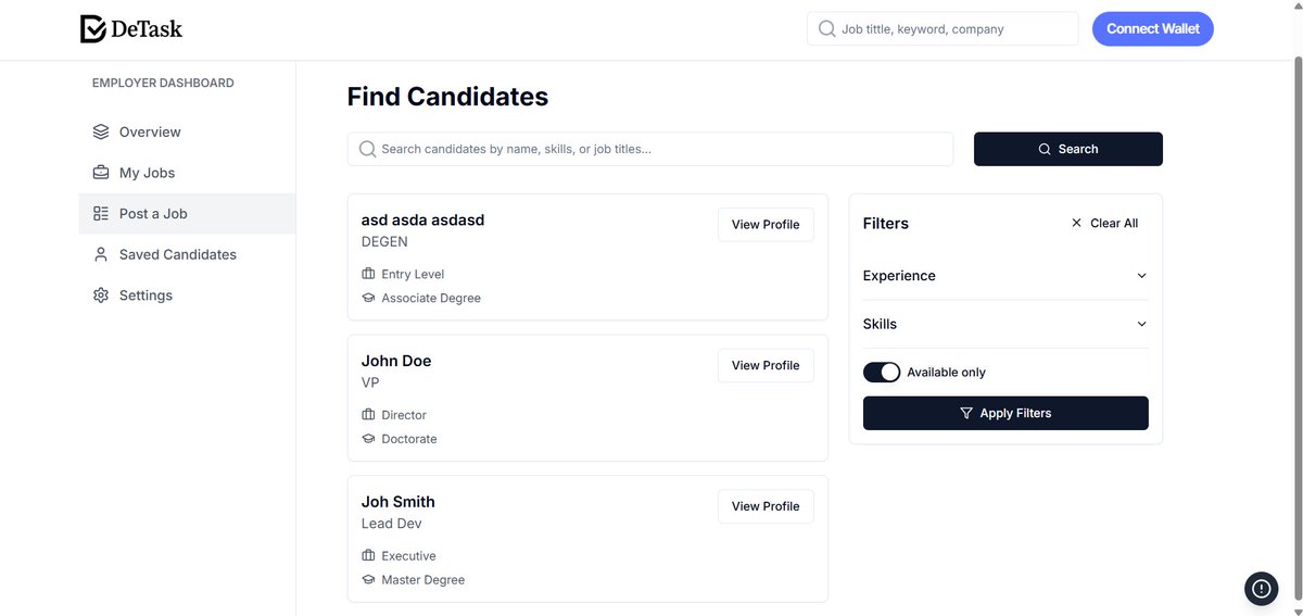 DetaskTech's tweet image. Detask’s Find Candidates feature enables task creators to identify, evaluate, and verify freelancer profiles with on-chain integrity.

Search candidates by name, skills, and job titles. Profiles display detailed experience, skill sets, and credentials, all tied to wallet…