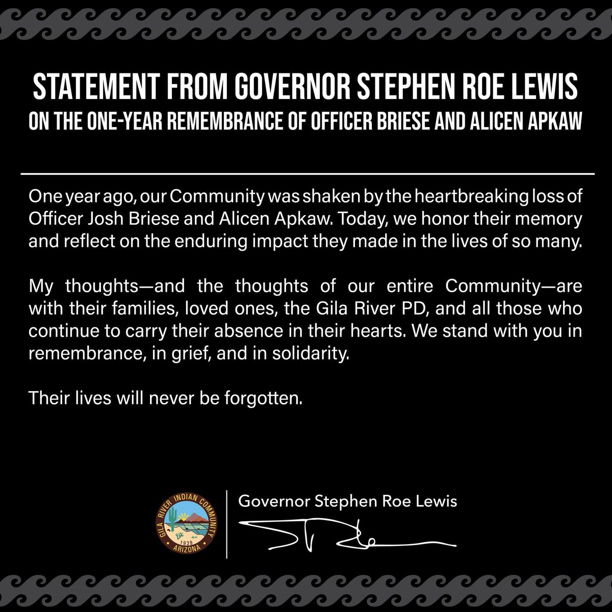 STATEMENT FROM GOVERNOR STEPHEN ROE LEWIS on the One-Year Remembrance of Officer Briese and Alicen Apkaw