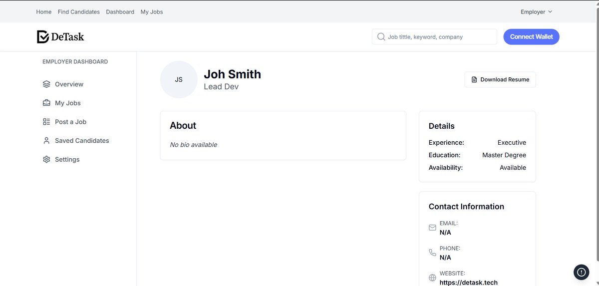 DetaskTech's tweet image. Detask’s Find Candidates feature enables task creators to identify, evaluate, and verify freelancer profiles with on-chain integrity.

Search candidates by name, skills, and job titles. Profiles display detailed experience, skill sets, and credentials, all tied to wallet…
