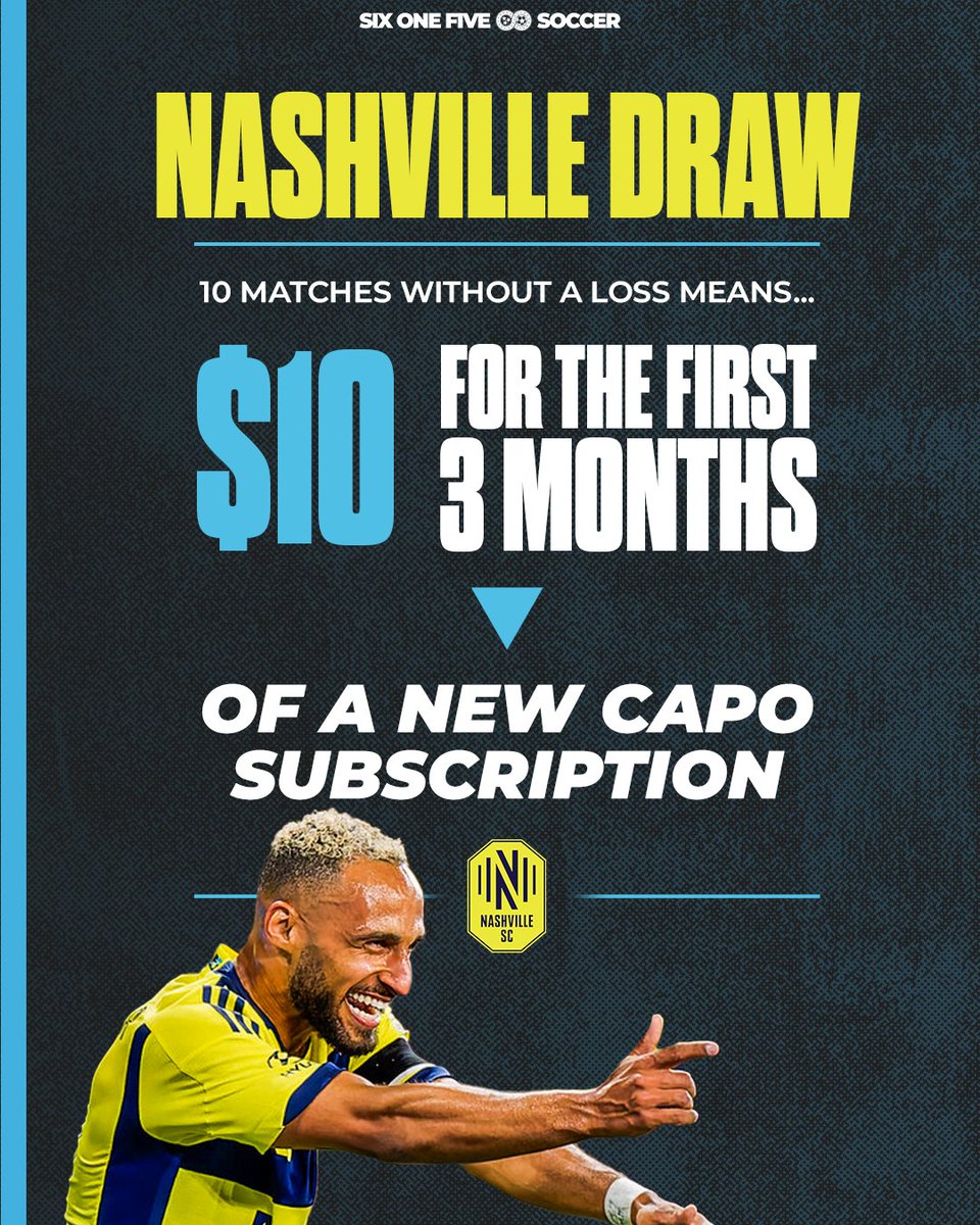 Nashville SC are on a 10-match unbeaten run, tying their best stretch since 2020.

To mark the occasion, we're giving new subscribers three months at our Capo tier for just $10 ($3.33 a month). 

Use the link below by June 7 to access this deal! 💪

sixonefivesoccer.com/ten-unbeaten