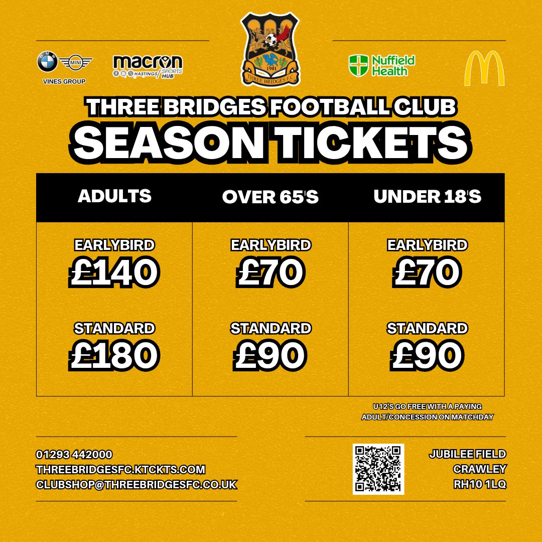We are pleased to announce that season tickets for the 25/26 season are now on sale 👉🏼 threebridgesfc.ktckts.com

The earlybird price, which equates to just £6.66 per game for an adult, will only be available until mid-July, and includes entry to Velocity Trophy and Sussex Senior