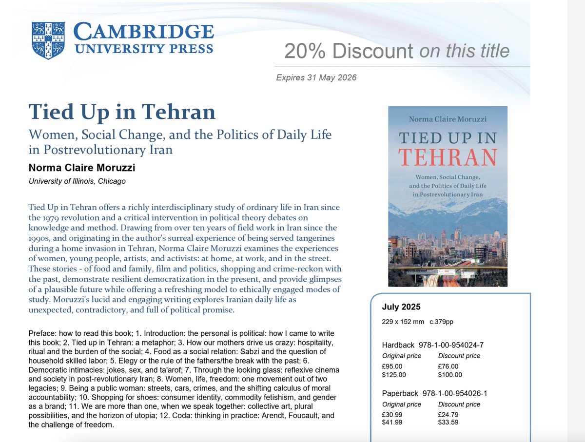 Exciting new book by Norma Claire Moruzzi on women and social-change in post-revolutionary Iran! 

Here is a discount code that makes the paper back affordable