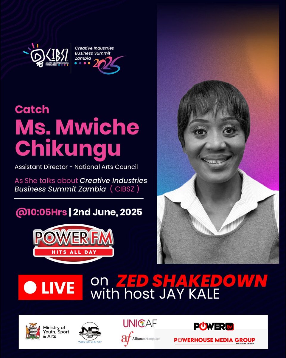 Tune in to Power FM on June 2nd, 10:05 hrs! 🎧 Ms. Mwiche Chikungu, Assistant Director at National Arts Council, shares the buzz about CIBS 2025! 🔥Don't miss out! #CIBS2025 #Powerfm #CreativeIndustries