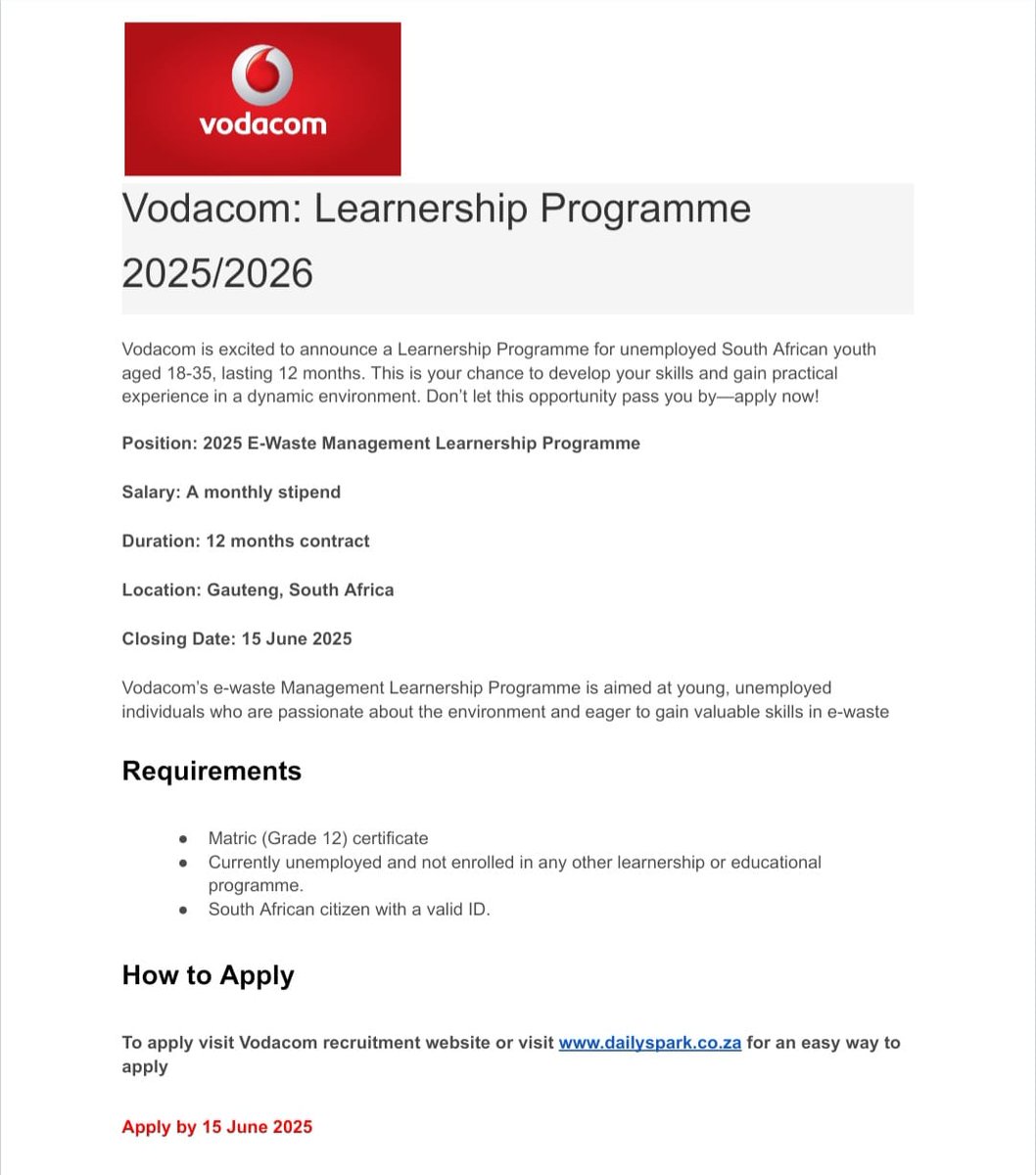 tumelo_br's tweet photo. Do your own research 

*Vodacom is seeking unemployed individuals to apply for Learnership Programme, which lasts for 12 months.*

✅E-Waste Learnership Programme 
Est stipend:R5 000 - R6 000 p/m
Requirements 
- Matric (Grade 12)
- Be a South African citizen with a valid ID document
Closing Date 15 June 2025
🔗https://t.co/f8S7Rkd5ed
https://t.co/76bwkJf35l