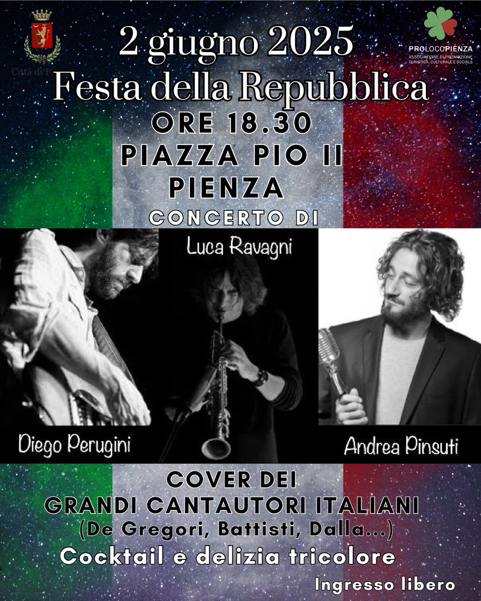 🇮🇹 #Cocktail, "delizia tricolore" e la grande #musicaitaliana suonata e cantata da Diego Perugini, Luca Ravagni e Andrea Pinsuti. 

Domani, #2giugno la Pro Loco #Pienza ci invita a festeggiare la #Repubblica in Piazza Pio II.
Dalle 18:30.

#Valdorcia
#Toscana
#2Giugno
#Aperitivo