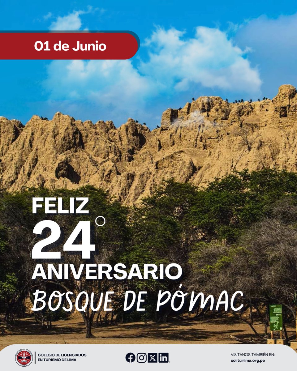 ColiturLima's tweet photo. 🎉 ¡Feliz 24° Aniversario, Bosque de Pómac!

Desde COLITUR LIMA, expresamos nuestras más cálidas felicitaciones por estos 24 años de conservación y puesta en valor de un patrimonio natural y cultural emblemático del Perú.
#BosqueDePómac #ColiturLima #PatrimonioNaturalPeruano https://t.co/WAf0YXdMg5