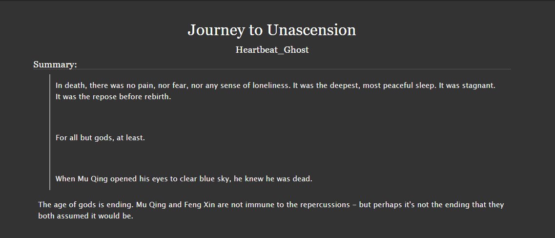 heartbeat_ghost's tweet photo. Journey to Unascension
☘️One Chapter
☘️FengQing (implied)
☘️Afterlife AU
☘️Written for the Mu Qing Zine 2024!
☘️4.5k words
☘️Rated T for themes 
☘️Link below! https://t.co/pxBAHTor7X