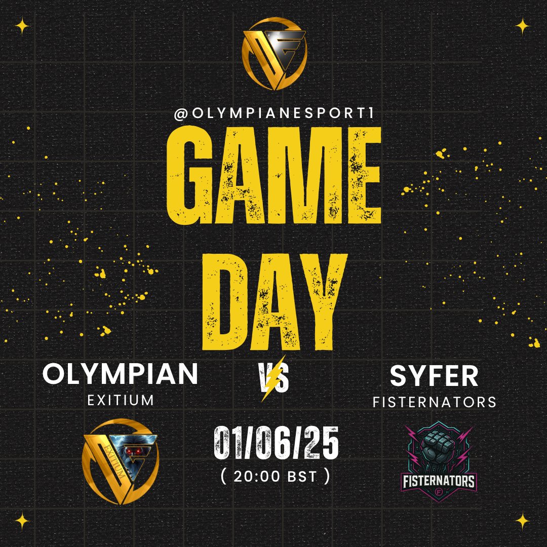 📣GAME DAY📣

Olympian Exitium takes on Syfer Fisternators TONIGHT!

🎮- Div 7 <a href="/EuCompLeague/">Eu Competitive League</a>
⏰- 8:00 PM

🔱- <a href="/OldManMada/">Adam</a> 
🔱- <a href="/ExitiumAnt/">Ant</a>
🔱- <a href="/iBrandey/">Brandey</a> 
🔱- <a href="/ExitiumDylan/">Dylan</a>