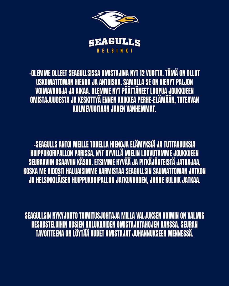 GullsBasketball's tweet image. ๐๐๐๐๐๐๐๐ ๐๐๐๐๐๐๐๐ ๐๐๐๐๐ ๐๐๐๐๐๐ ๐๐๐๐๐๐๐๐๐๐๐ ๐๐ฬ๐๐๐๐๐ ๐๐๐๐๐ ๐๐๐๐๐๐๐๐๐
Suomen mestaruuteen pรครคttyneen hienon menestysvuoden jรคlkeen korisliigajoukkue Helsinki Seagulls hakee uusia omistajia. Janne ja Sinikka Kulvik ovatโฆ