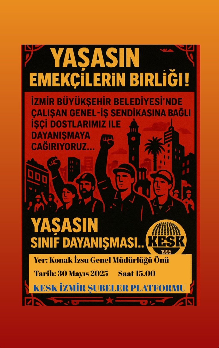 İZELMAN, İZENERJİ ve Egeşehir'de çalışan 23 bin işçi, yüzde 29,16’lık sefalet zammına karşı greve çıktı.
İzmir Büyükşehir Belediyesi işçilerinin haklı mücadelesinin yanındayız.

Yaşasın Sınıf Dayanışması ✌️