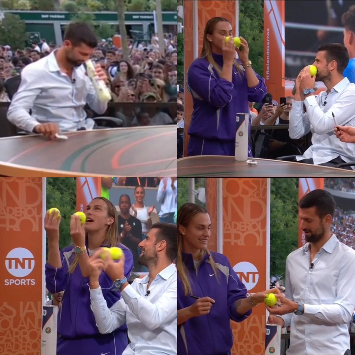 Sabalenka crashed Djokovic’s TNT interview at Roland Garros

*Novak opens a new can of tennis balls to toss to the crowd*

Novak smells the can: “Ohhhhh man” 😂

Aryna: “This is the best smell!”

Novak: “Mamma Mia!”😂

Aryna: “Mamma Mia!” 😂

Aryna: “He was talking a lot. I was