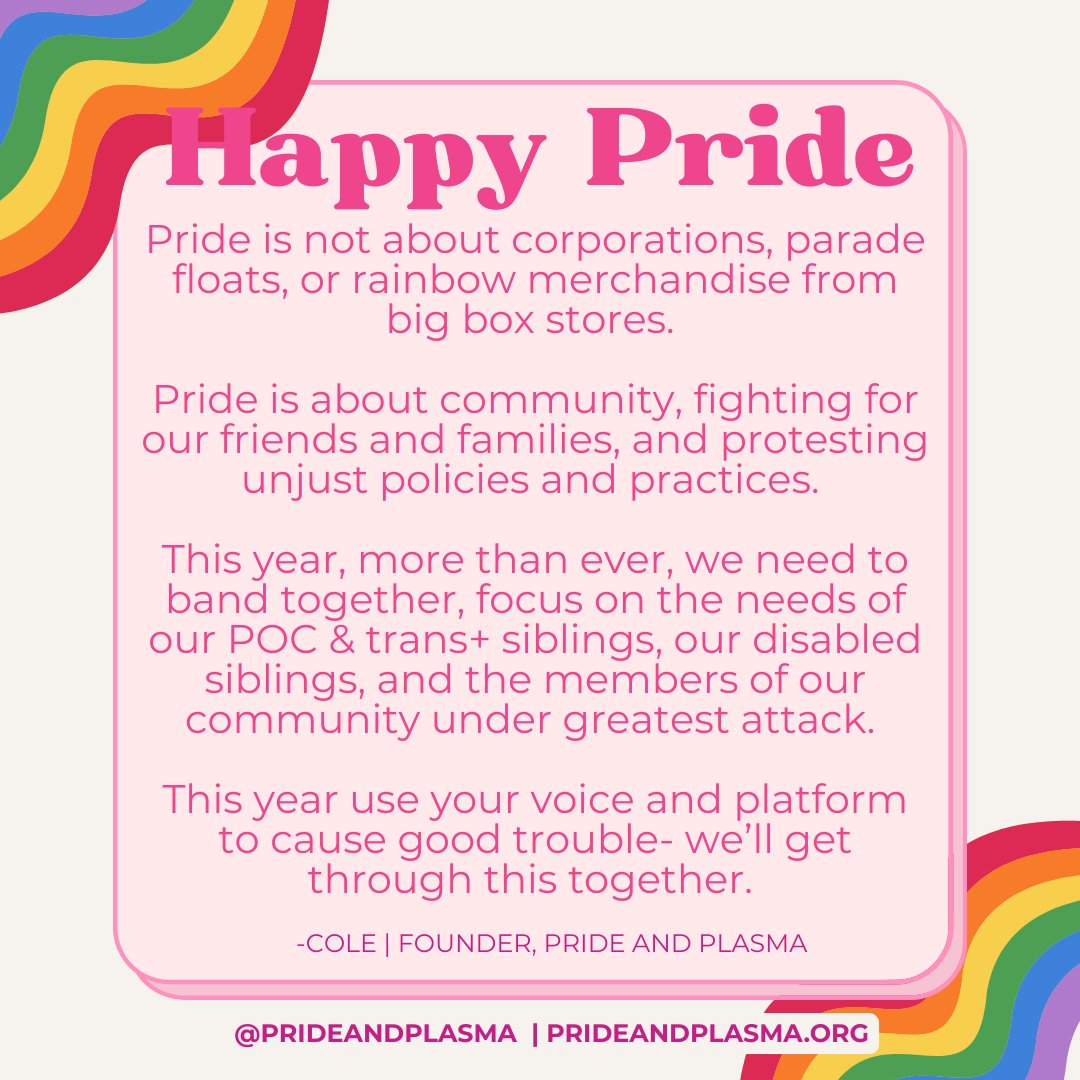 prideandplasma's tweet photo. Happy Pride friends- take time to celebrate and use that energy to continue fighting for our community <3 https://t.co/6rGnf2JzZw
