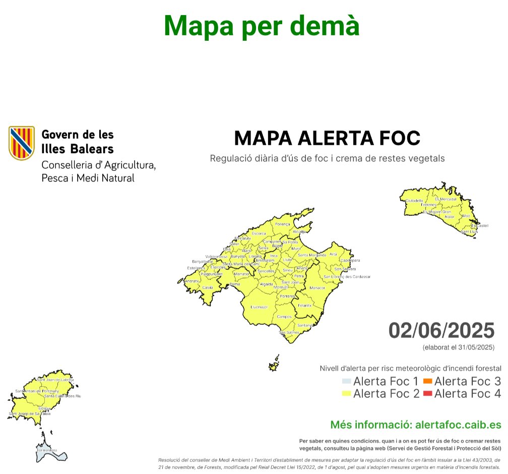 Bombers d'Eivissa (@bombersdeivissa) on Twitter photo 🟡 #Eivissa, 02/06: nivell 2 d’#AlertaFoc per risc meteorològic d’incendi forestal.
Risc moderat-alt d’AEMET, sense avisos FMA actius.
‼️ Extremem precaucions
📞 Davant qualsevol fum, truca a <a href="/Emergencies_112/">Emergències 112 Illes Balears</a> 🟡 #Eivissa, 02/06: nivell 2 d’#AlertaFoc per risc meteorològic d’incendi forestal.
Risc moderat-alt d’AEMET, sense avisos FMA actius.
‼️ Extremem precaucions
📞 Davant qualsevol fum, truca a <a href="/Emergencies_112/">Emergències 112 Illes Balears</a>