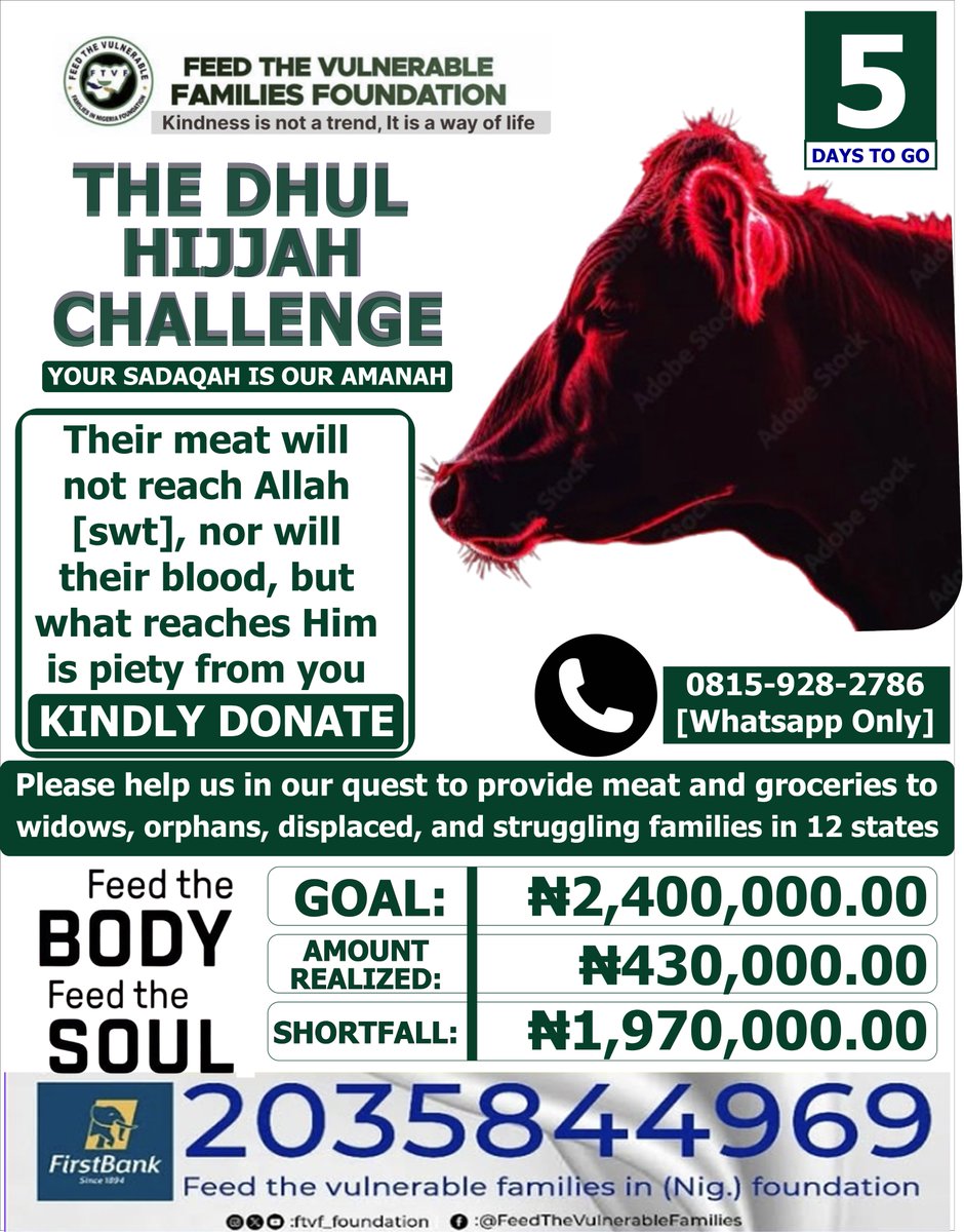 This sacred days of Dhul-Hijjah, you can help ensure aid [food, meat, water, medications] and services get to the people and communities that so urgently need it
 
By getting involved with #FTVFFoundation today, you are making a difference. Your generosity and power for impact